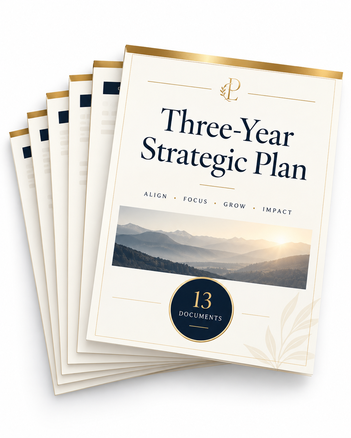 Stack of Nonprofit Launch Weekend planning documents, including the Three-Year Strategic Plan