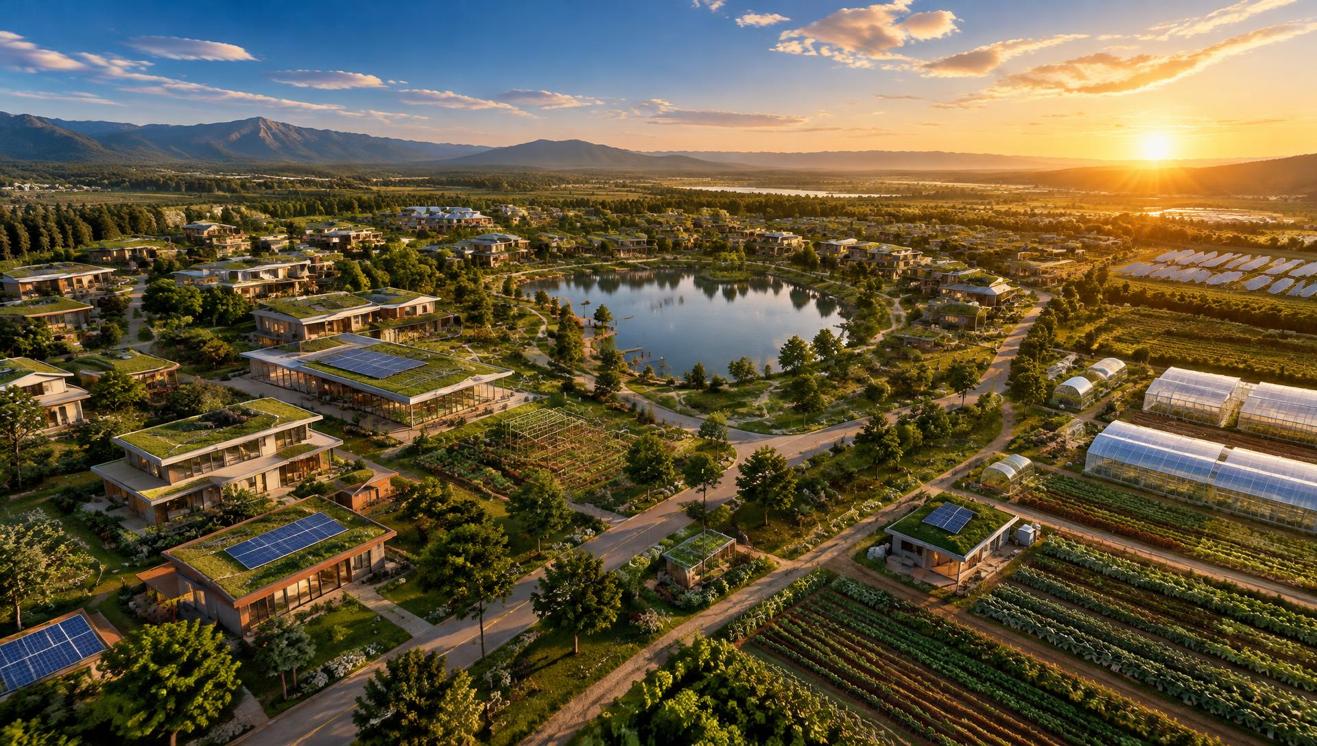 Aerial rendering of a sustainable ICAA community